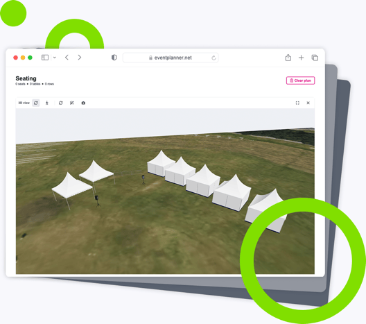 Ein Festivalgelände in 3D auf einer Satellitenkarte, mit offenen Marktständen in Zelten, Zelten mit Seitenwänden und Lautsprechern.