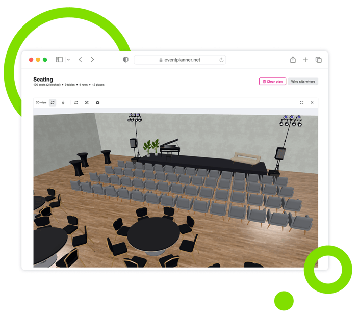 Die 3D-Ansicht in der Veranstaltungssoftware von eventplanner.net: Stuhlreihen und runde Tische vor einer Bühne mit einem Konzertflügel.