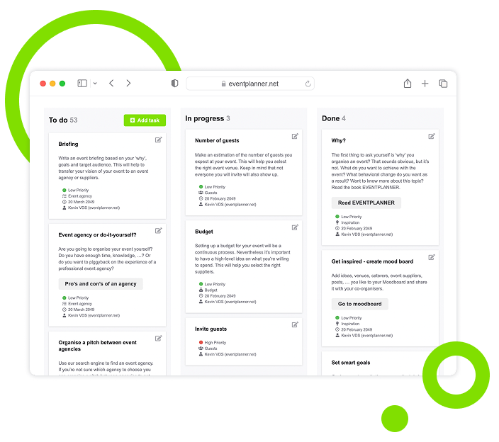 Interaktives Dashboard mit Ereignis-Checkliste mit Aufgabenverwaltungsoberfläche mit Rollenzuweisungen und Zeitleisten-Ansicht.