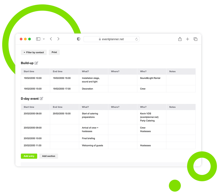Screenshot der Call Sheets-Funktion von eventplanner.net.
