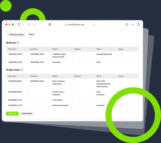 Screenshot eines Veranstaltungsablaufs, der mit der Veranstaltungssoftware eventplanner.net erstellt wurde.