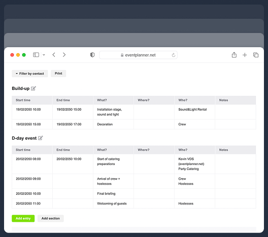 Screenshot des Anrufplans für das Eventmanagement