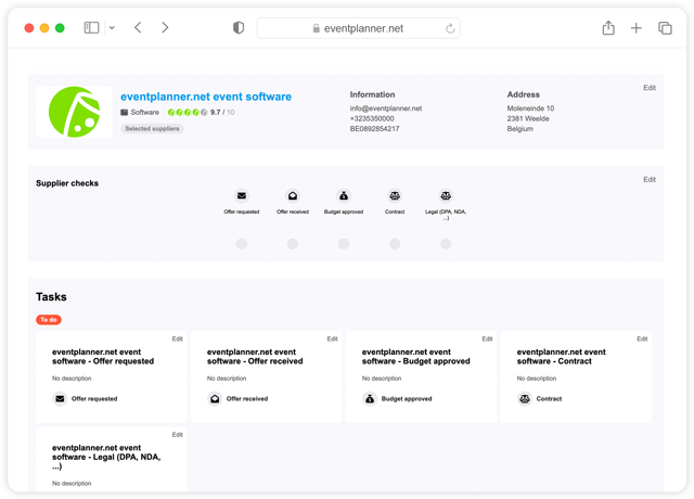 Lieferantenschnittstelle mit dem Dashboard zur Verwaltung eines Veranstaltungslieferanten oder Veranstaltungsortes.