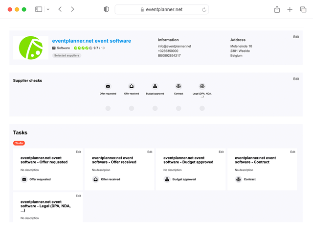 Lieferanten-Schnittstelle mit dem Dashboard zur Verwaltung eines Veranstaltungslieferanten oder Veranstaltungsortes.