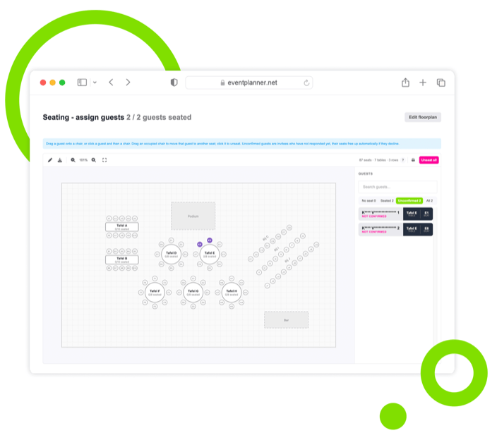 Screenshot des Sitzplan-Designers von eventplanner.net mit Tischen und Sitzplätzen.