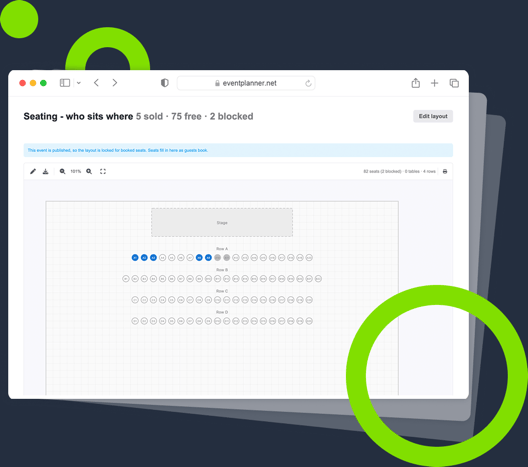 Screenshot eines fertigen Sitzplans in der Veranstaltungssoftware von eventplanner.net.