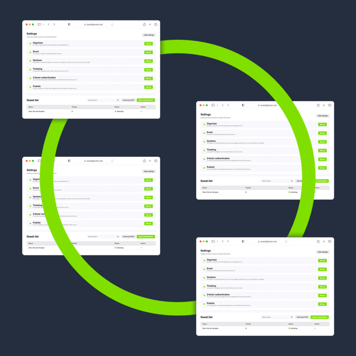 Mehrere kleine Screenshots der Eventsoftware eventplanner.net.